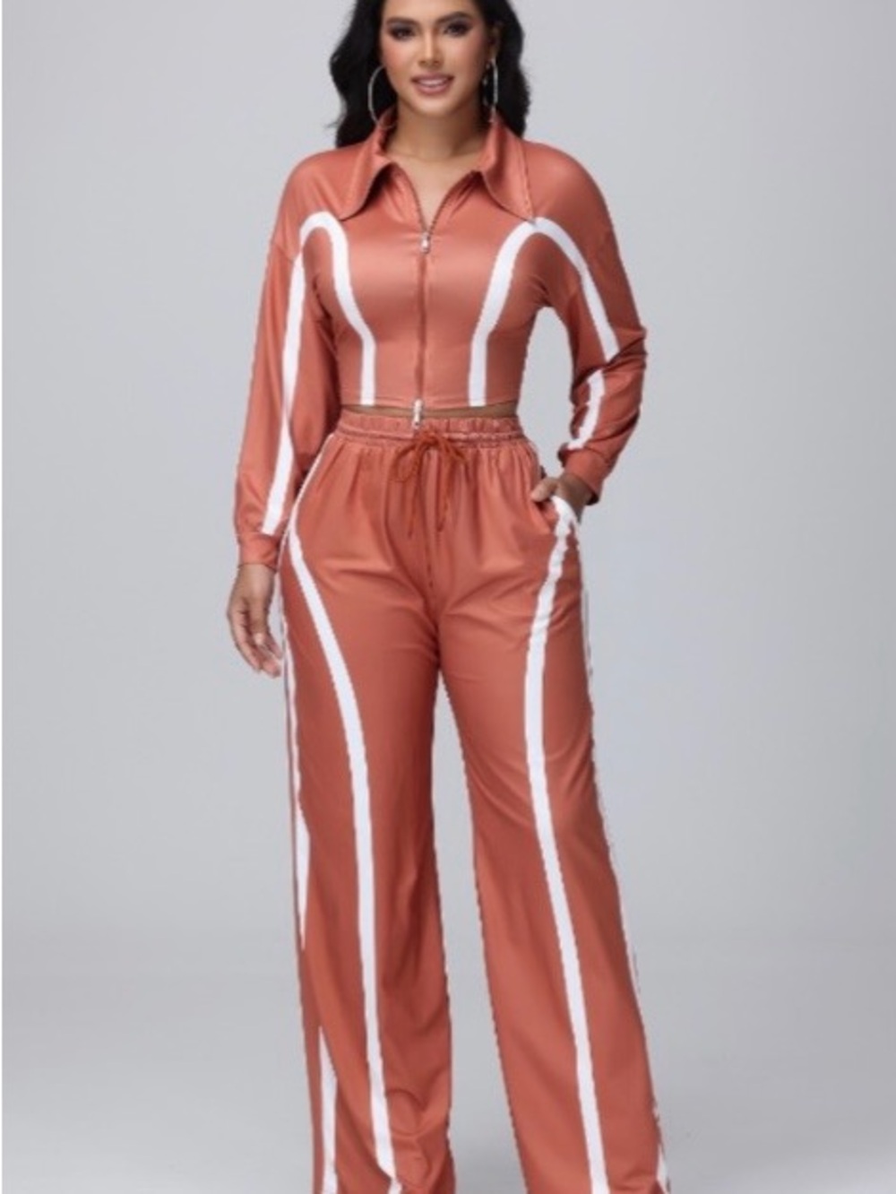 Danielle Rust and White Striped Jacket and Pants Set